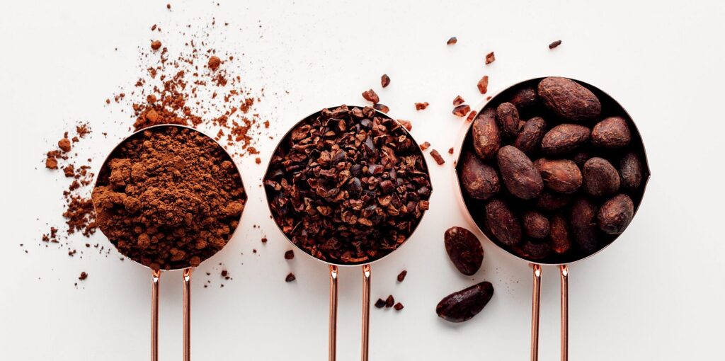 Cocoa Powder, nibs and beans 